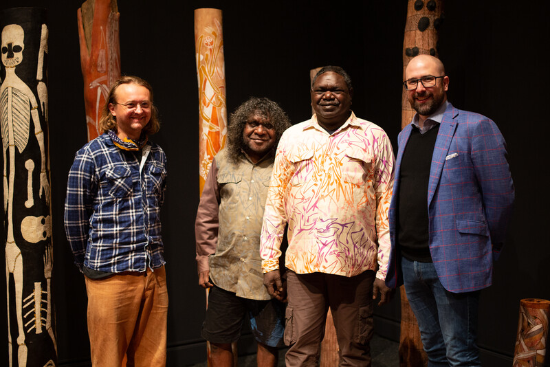 (From left to right) Alex Ressel (Manager of Injalak Arts), artist Joe Guymala, artist Gabriel Maralngurra and Henry F. Skerritt (Curator, Kluge-Ruhe Aboriginal Art Collection) at The Inside World exhibition at The Fralin Museum of Art.