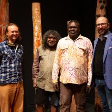 (From left to right) Alex Ressel (Manager of Injalak Arts), artist Joe Guymala, artist Gabriel Maralngurra and Henry F. Skerritt (Curator, Kluge-Ruhe Aboriginal Art Collection) at The Inside World exhibition at The Fralin Museum of Art.